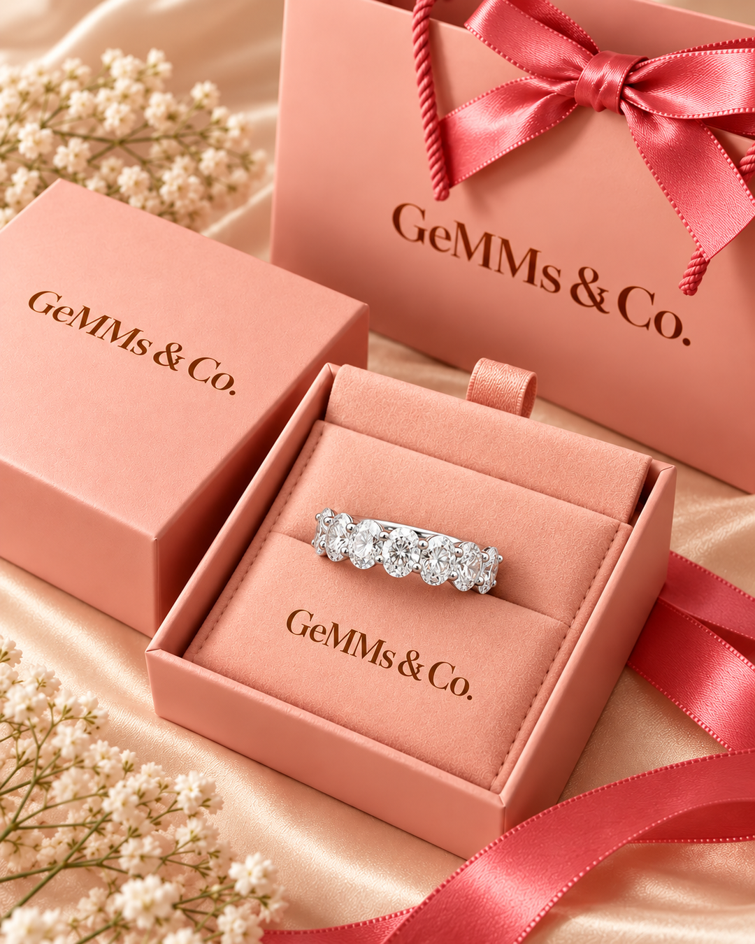 Round lab-grown diamond half eternity ring in 9ct white gold inside GeMMs & Co pink luxury gift packaging — AI-styled photograph #metal_9ct-white-gold