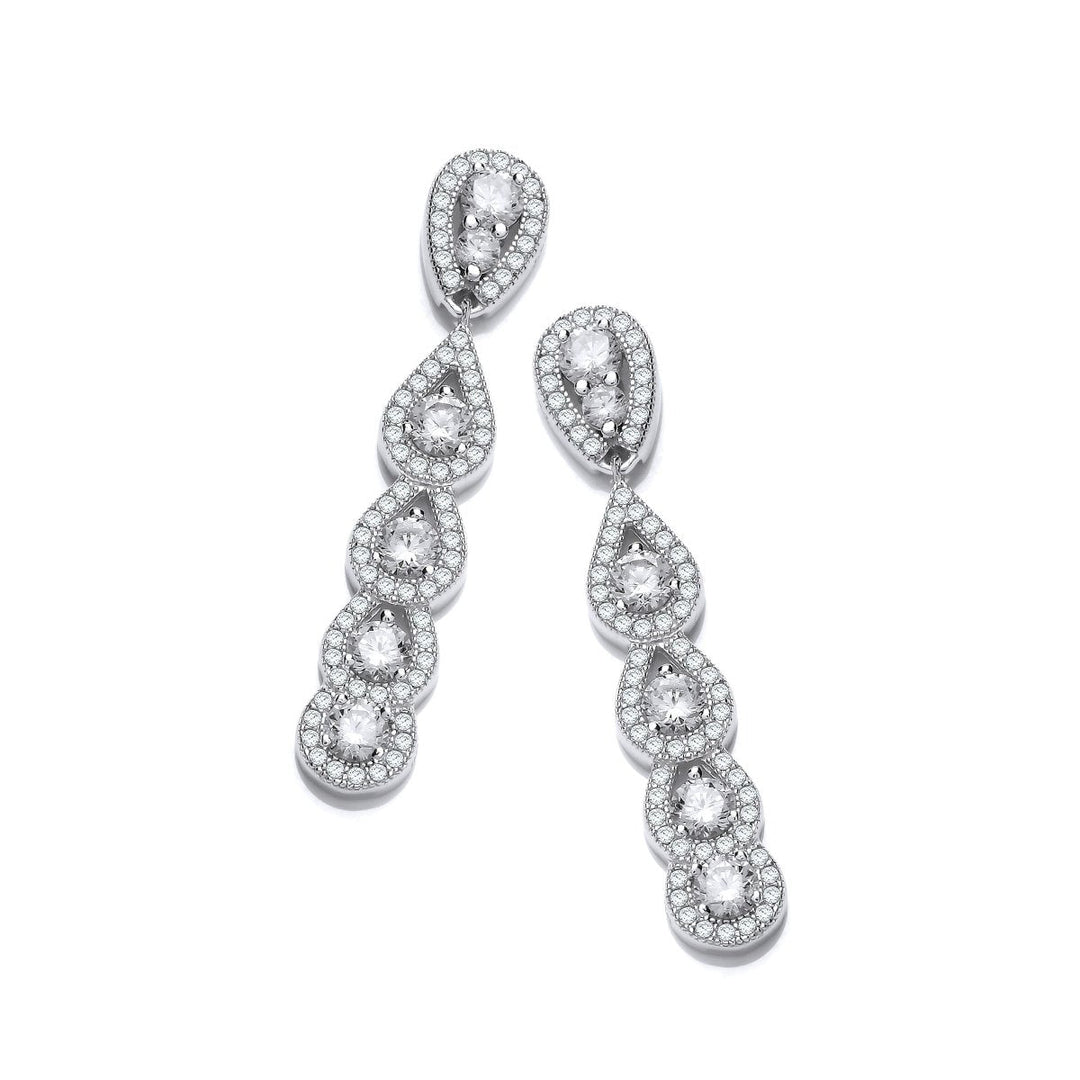 925 sterling silver multi-teardrop CZ drop earrings with a graduated cascading design on white