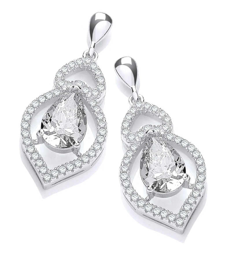 Actual silver micro pavé teardrop cubic zirconia earrings with pear-cut central stones, exact supplier image on white background
