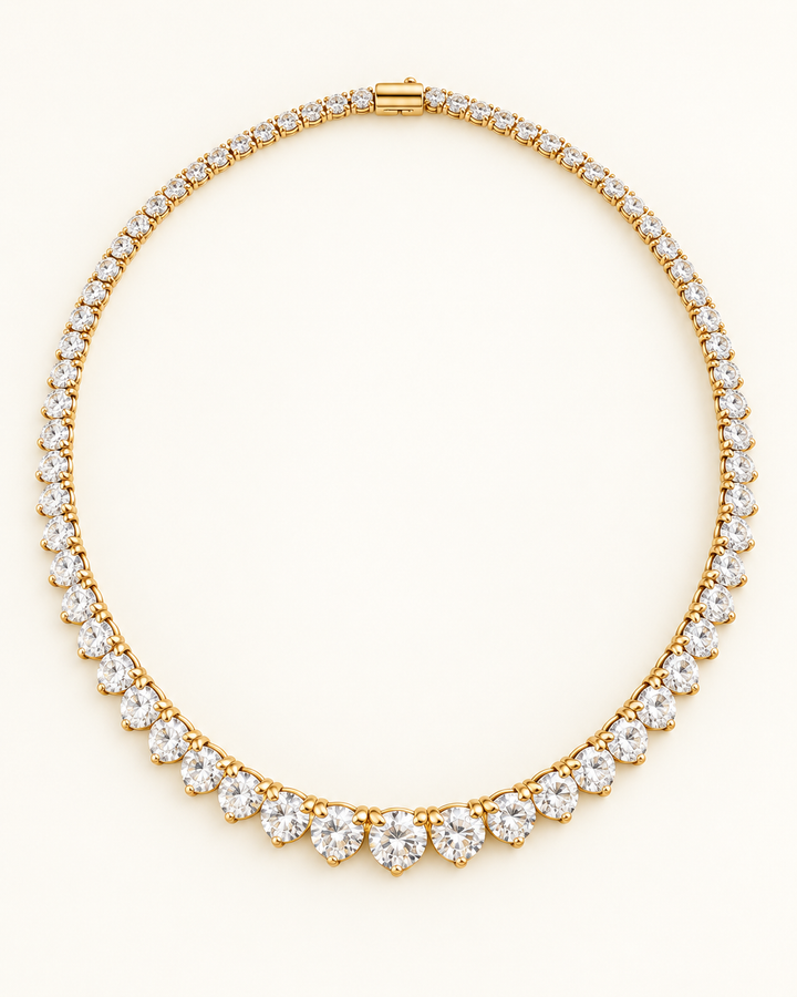 9.55ct Lab-Grown Diamond Graduated Three-Prong Tennis Necklace in 9ct Yellow Gold on cream background #metal_9ct-yellow-gold