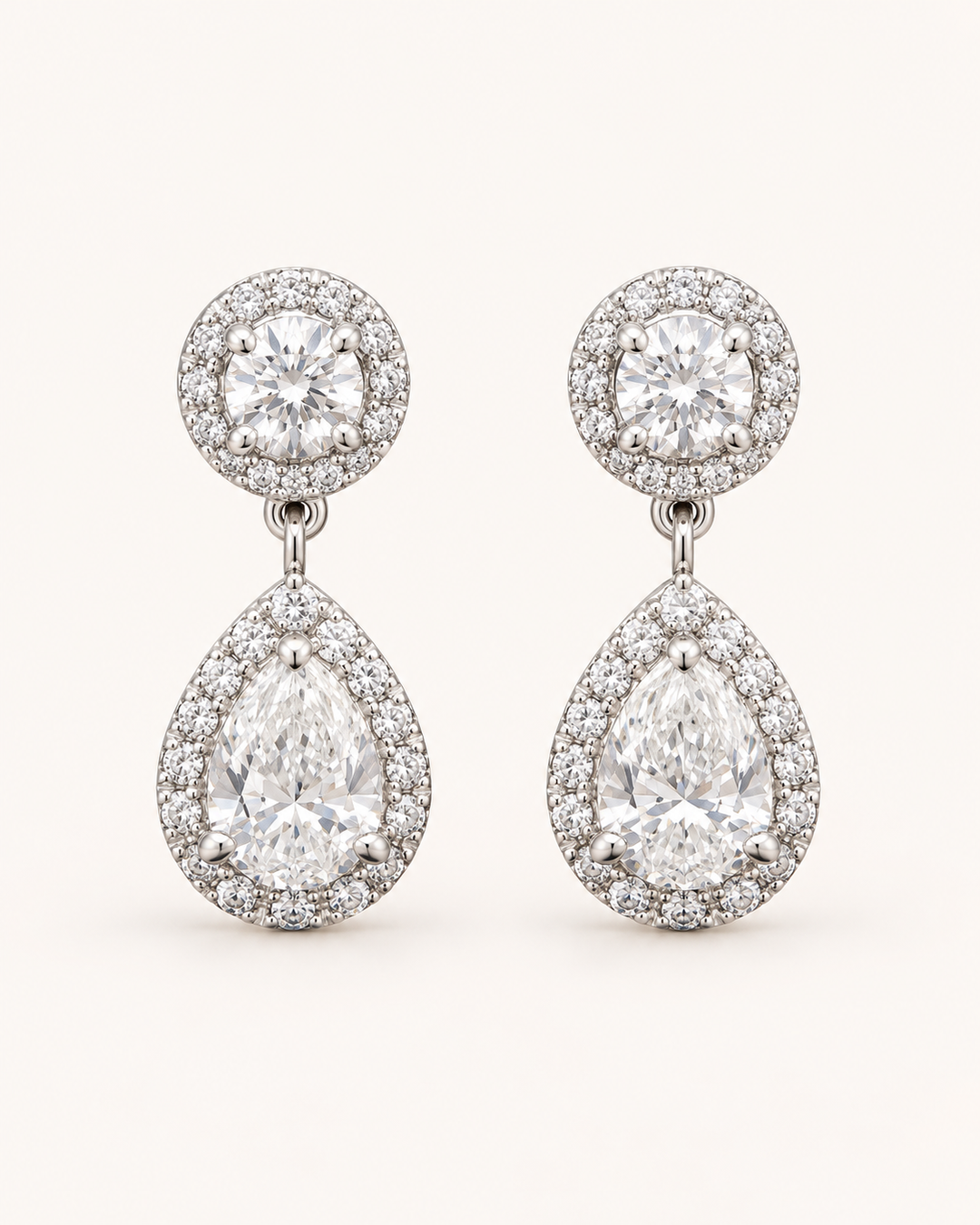 18ct white gold lab-grown diamond halo pear drop earrings — plain #metal_18ct-white-gold