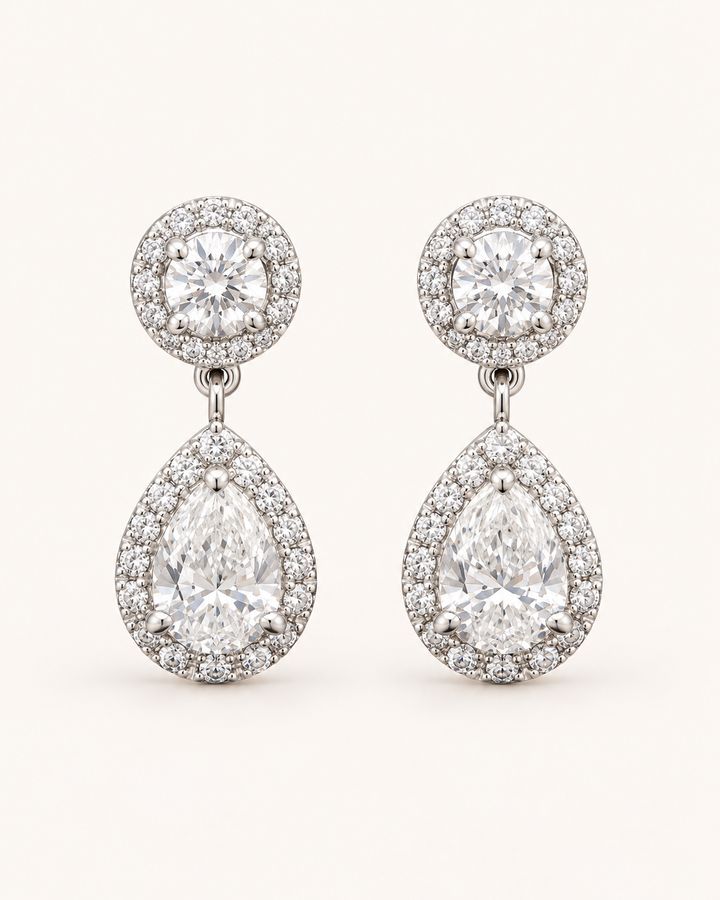 18ct white gold lab-grown diamond halo pear drop earrings — plain #metal_18ct-white-gold