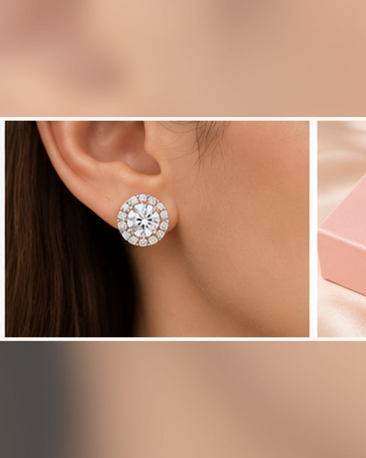 9ct white gold lab-grown diamond halo stud earrings — realistic on-ear portrait image #metal_9ct-white-gold