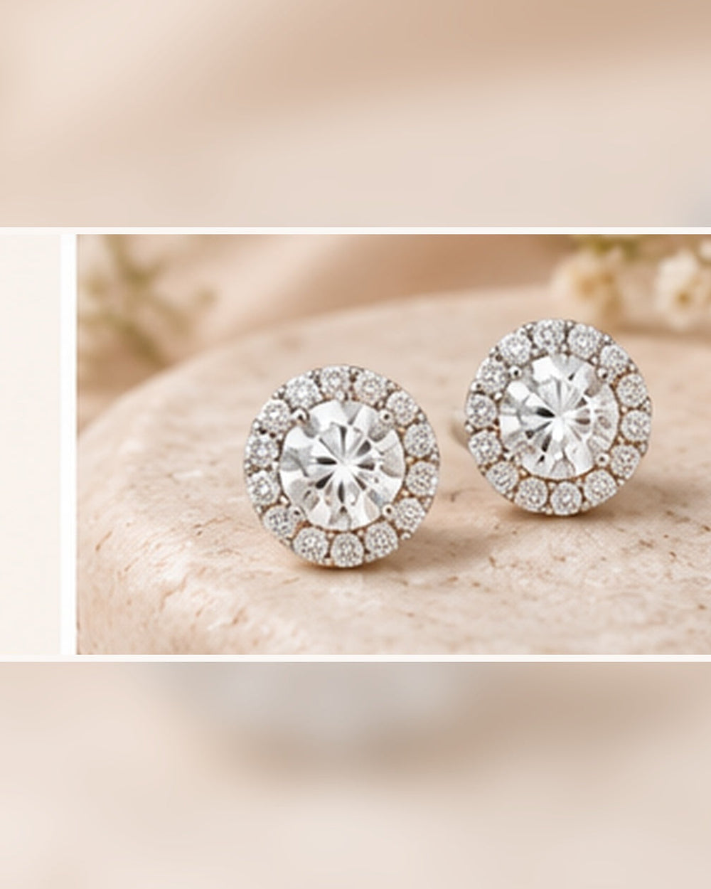 9ct white gold lab-grown diamond halo stud earrings — soft styled portrait image #metal_9ct-white-gold