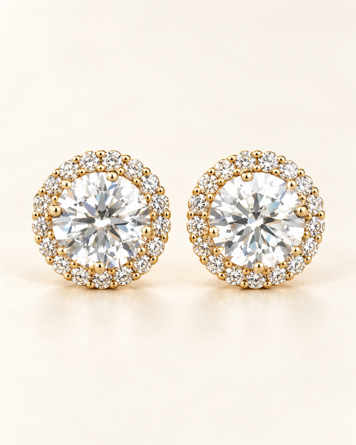 9ct yellow gold lab-grown diamond halo stud earrings — clean cream portrait product image #metal_9ct-yellow-gold