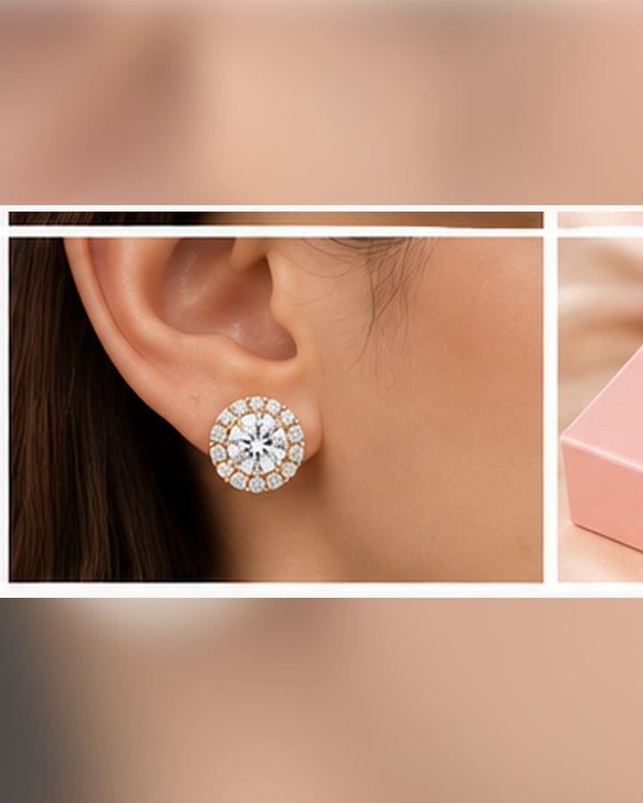9ct yellow gold lab-grown diamond halo stud earrings — realistic on-ear portrait image #metal_9ct-yellow-gold