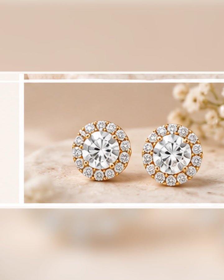 9ct yellow gold lab-grown diamond halo stud earrings — soft styled portrait image #metal_9ct-yellow-gold