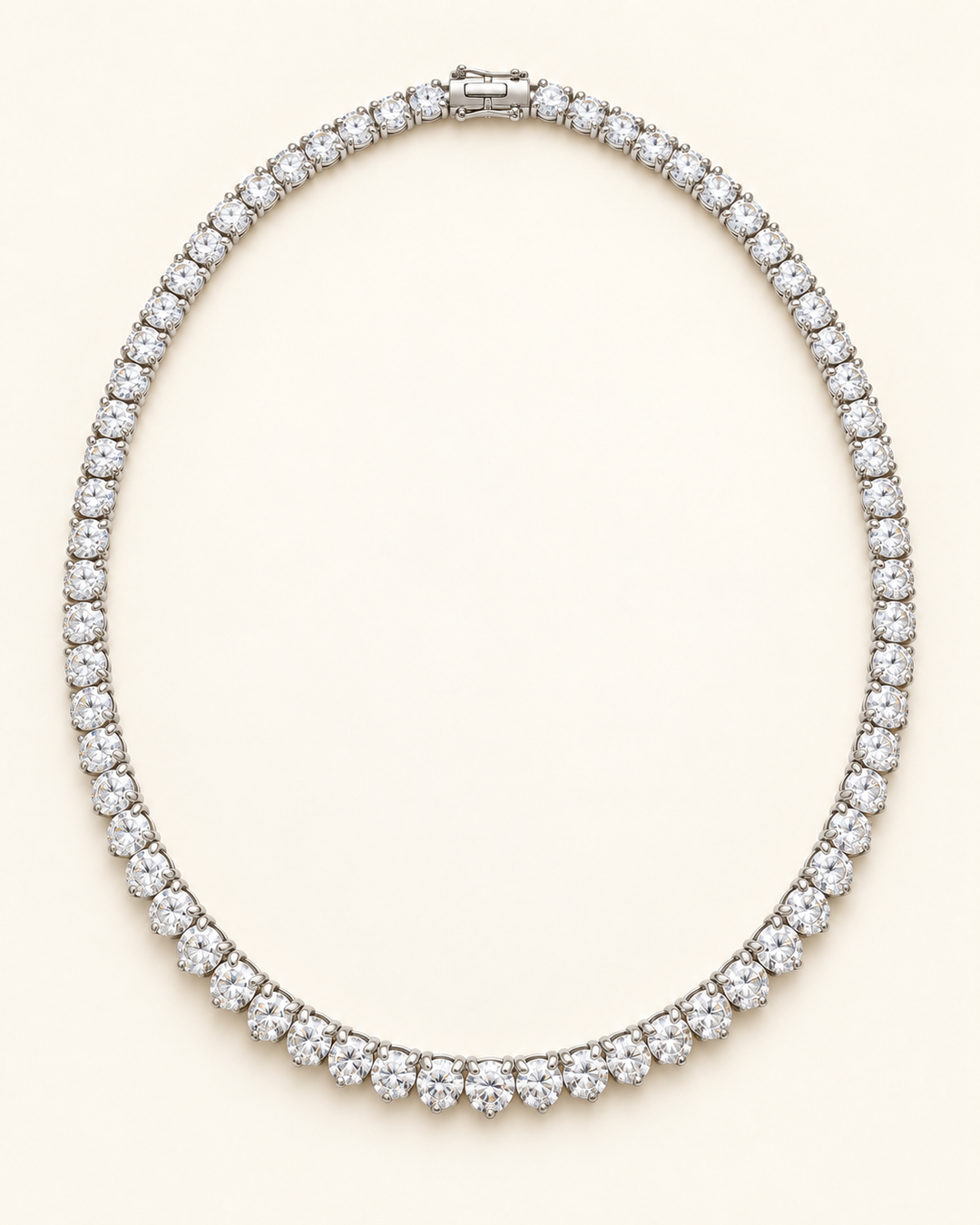 12.08ct Lab-Grown Diamond Three-Prong Tennis Necklace in 18ct White Gold on cream background #metal_18ct-white-gold