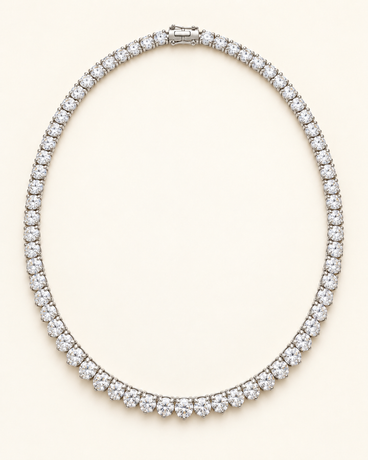 12.08ct Lab-Grown Diamond Three-Prong Tennis Necklace in 18ct White Gold on cream background #metal_18ct-white-gold