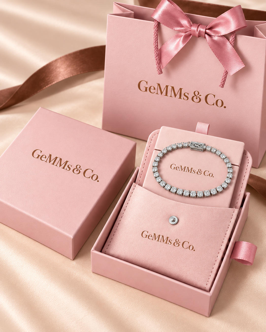 Hidden-lock tennis bracelet in GeMMs & Co. pink luxury packaging with pouch