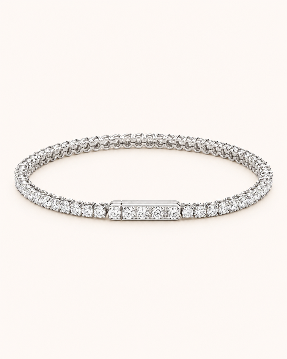 Hidden-lock lab-grown diamond tennis bracelet on soft ivory background