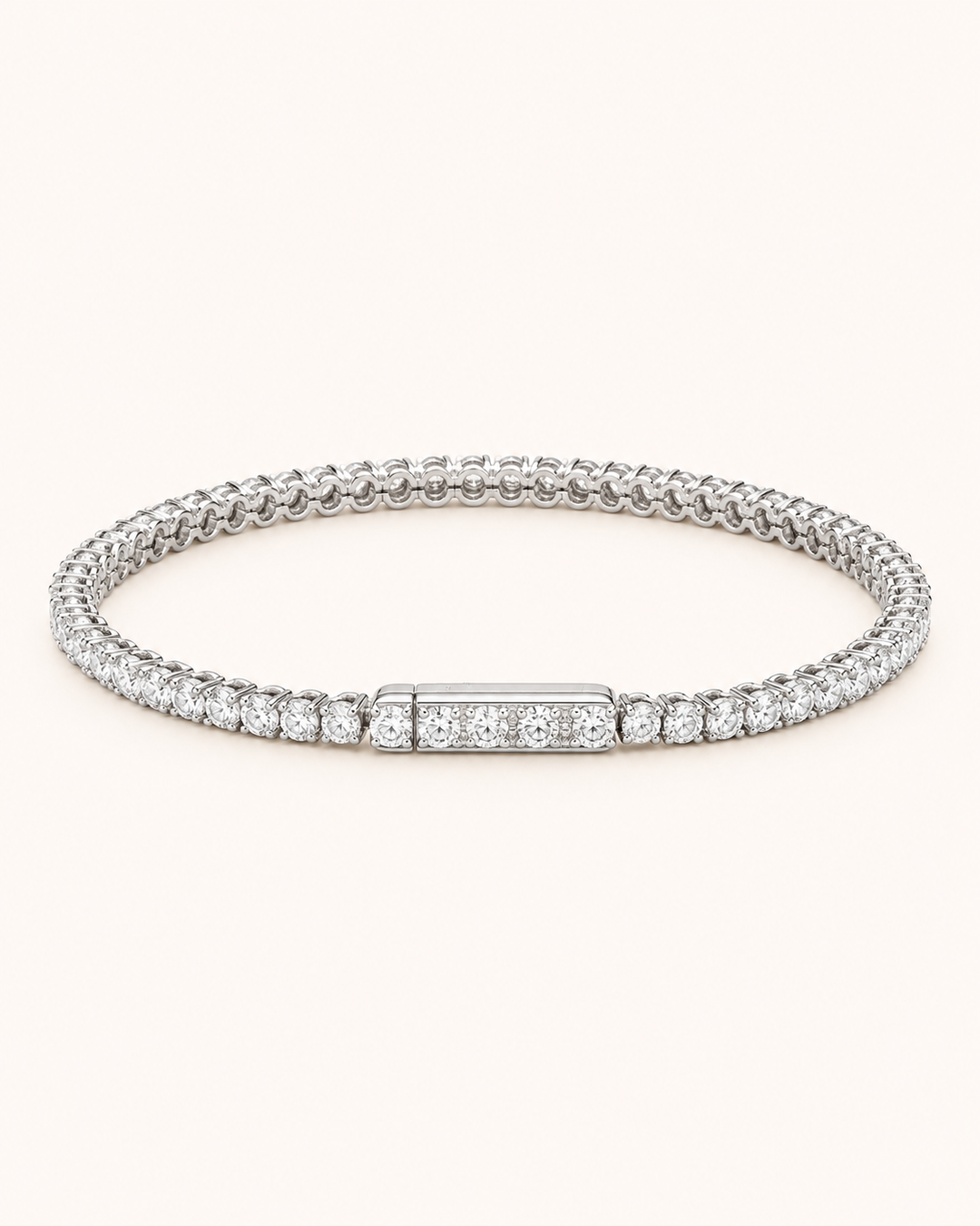 Hidden-lock lab-grown diamond tennis bracelet on soft ivory background