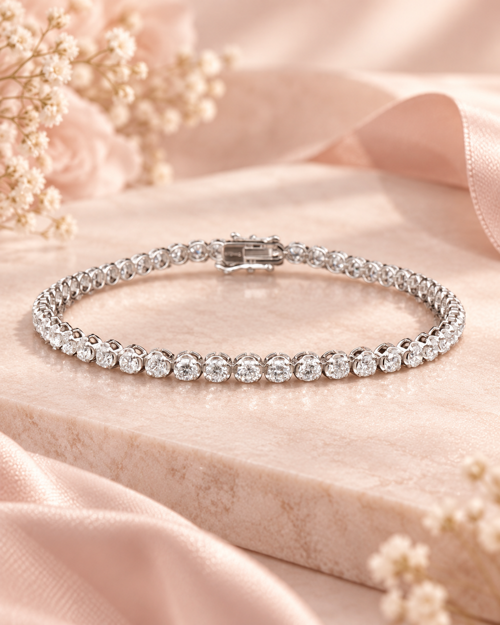 Lab-grown diamond lightweight tennis bracelet in 9ct white gold styled on soft blush background