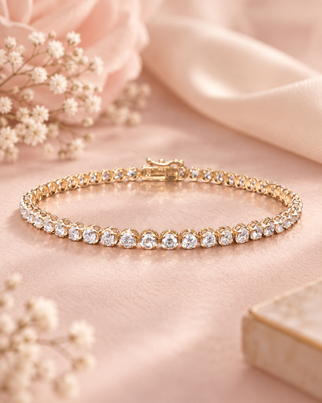 Lab-grown diamond lightweight tennis bracelet in 9ct yellow gold styled on soft blush background
