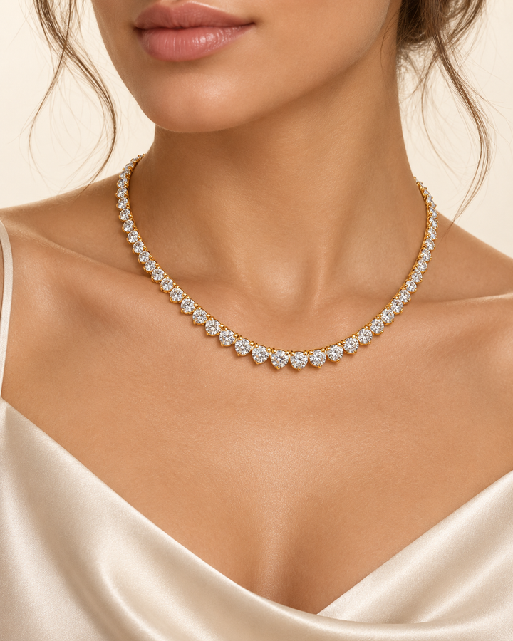 Three-Prong Lab-Grown Diamond Tennis Necklace in 18ct Yellow Gold worn on model #metal_18ct-yellow-gold