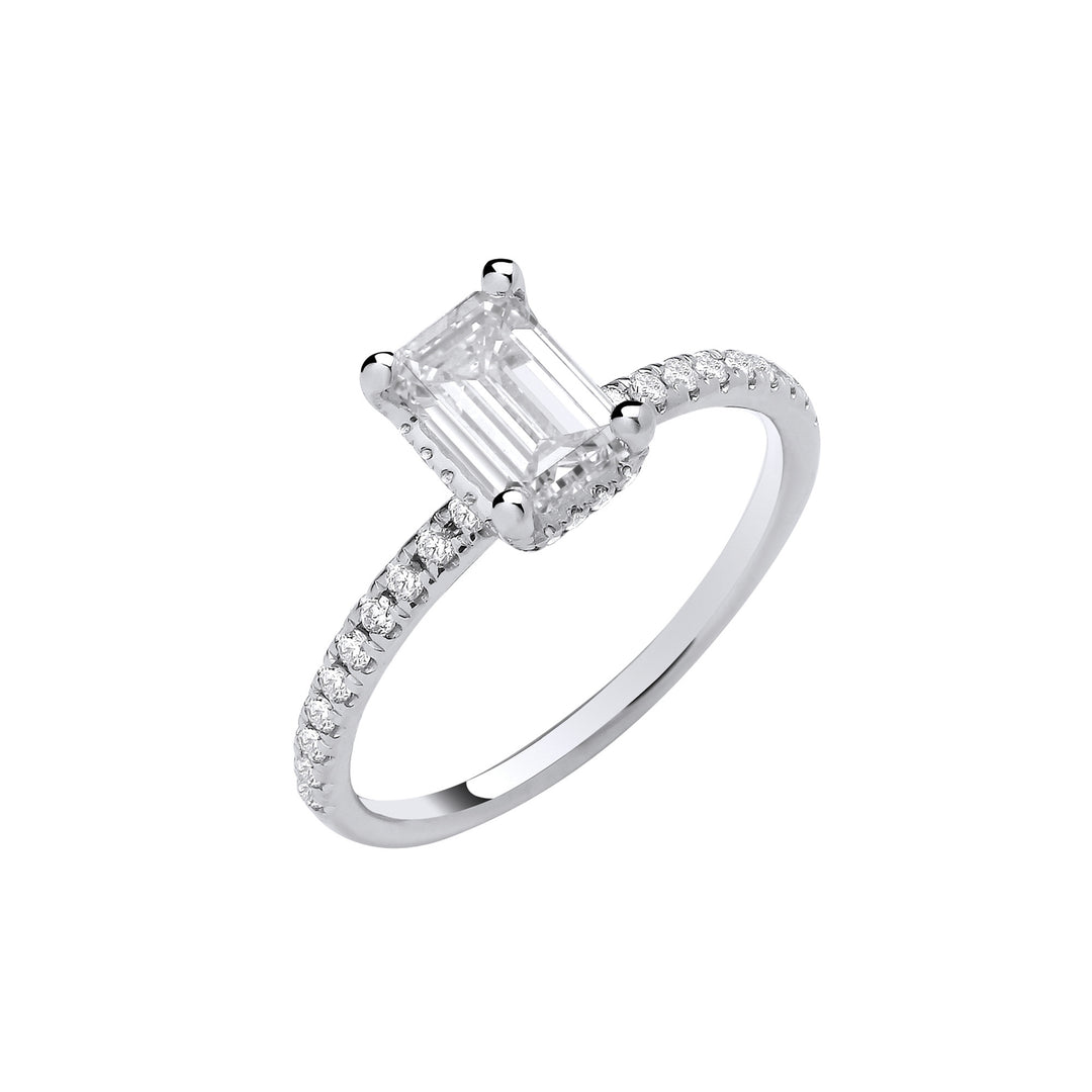 18ct White Gold 1.23ctw Emerald Cut Lab Grown Hidden Halo Diamond Ring IGI Certified