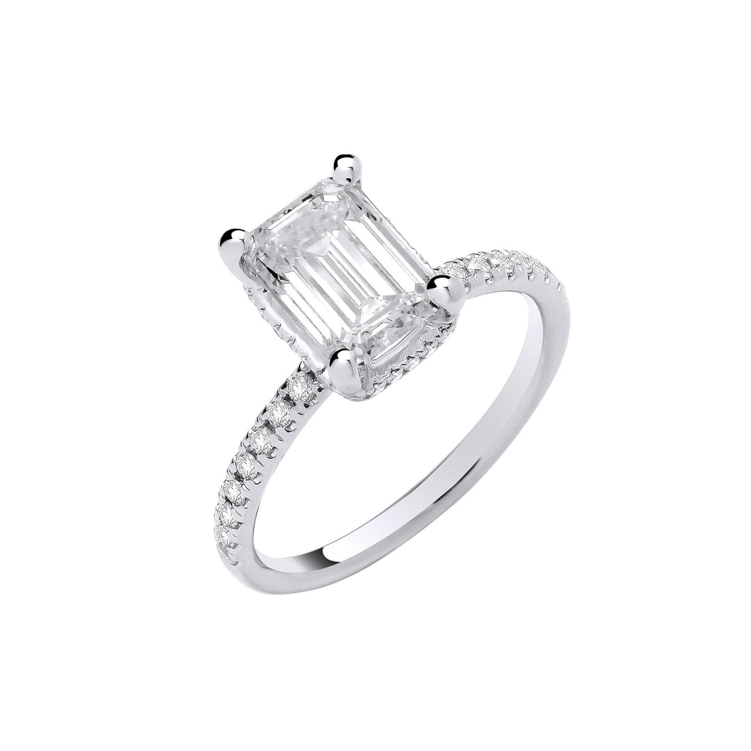 18ct White Gold 2.25ctw Emerald Cut Lab Grown Hidden Halo Diamond Ring IGI Certified
