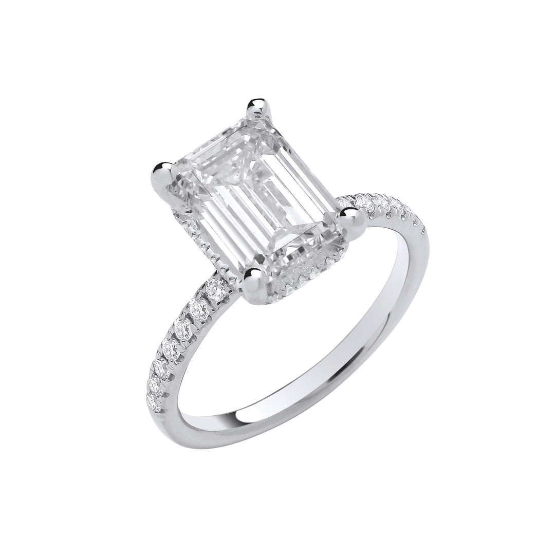 18ct White Gold 3.30ctw Emerald Cut Lab Grown Hidden Halo Diamond Ring IGI Certified