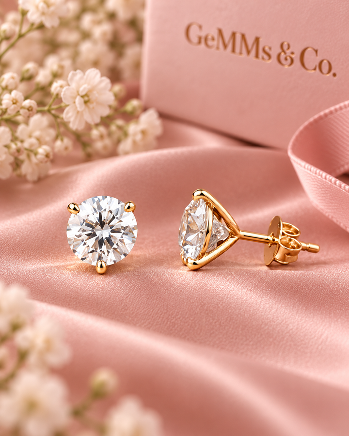 Martini lab-grown diamond stud earrings in yellow gold styled on soft blush background #metal_18ct-yellow-gold
