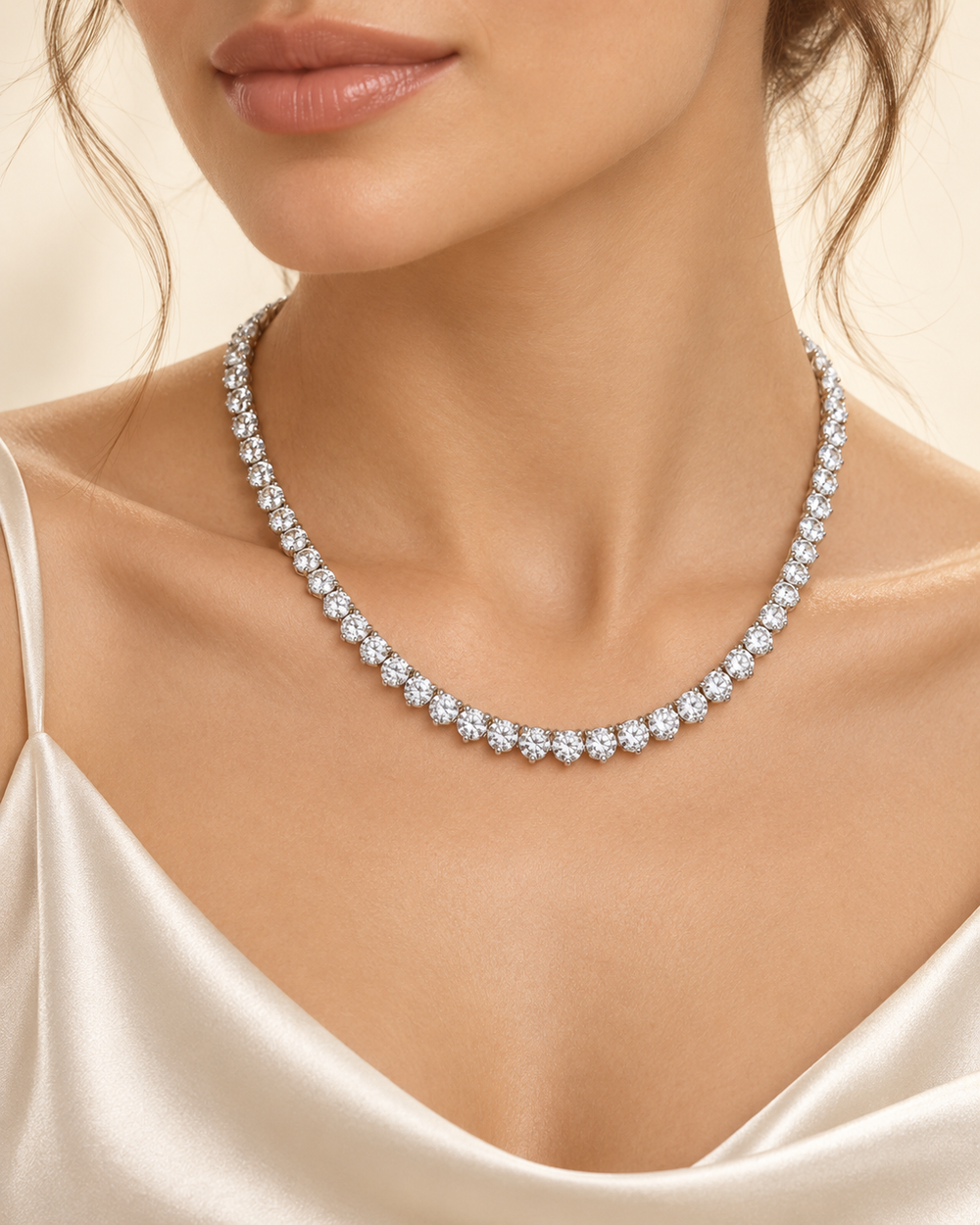 12.08ct Lab-Grown Diamond Three-Prong Tennis Necklace in 18ct White Gold worn on model #metal_18ct-white-gold