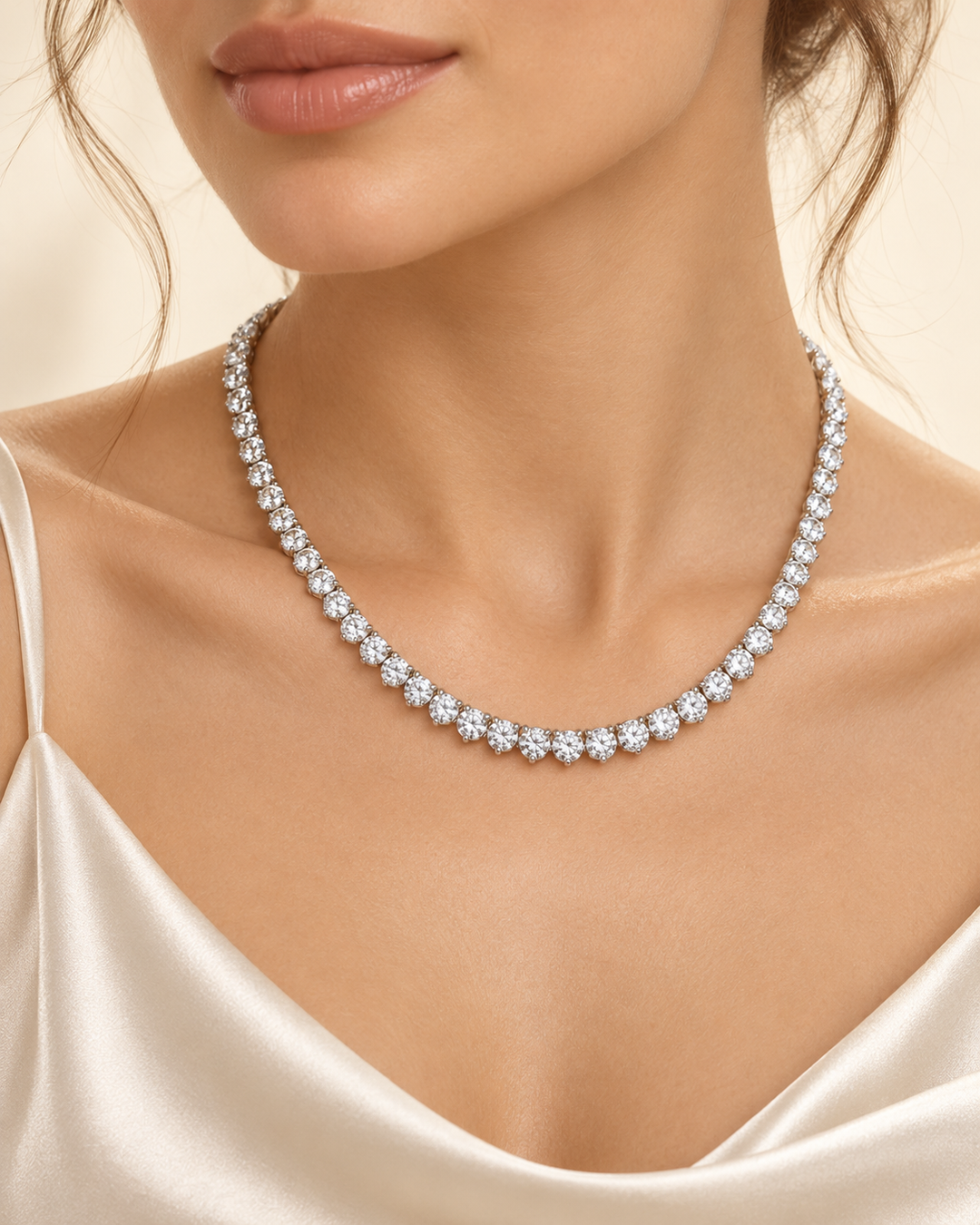 12.08ct Lab-Grown Diamond Three-Prong Tennis Necklace in 18ct White Gold worn on model #metal_18ct-white-gold