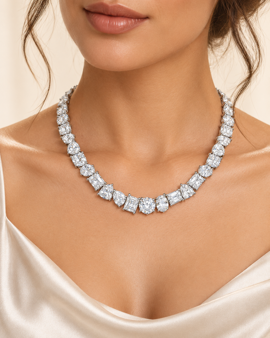41.77ct Lab-Grown Diamond Multi-Shape Tennis Necklace in 9ct White Gold worn on model #metal_9ct-white-gold