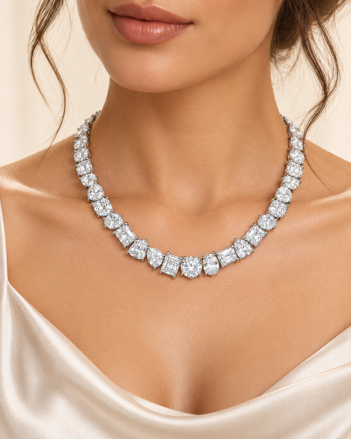 41.77ct Lab-Grown Diamond Multi-Shape Tennis Necklace in 9ct White Gold worn on model #metal_9ct-white-gold