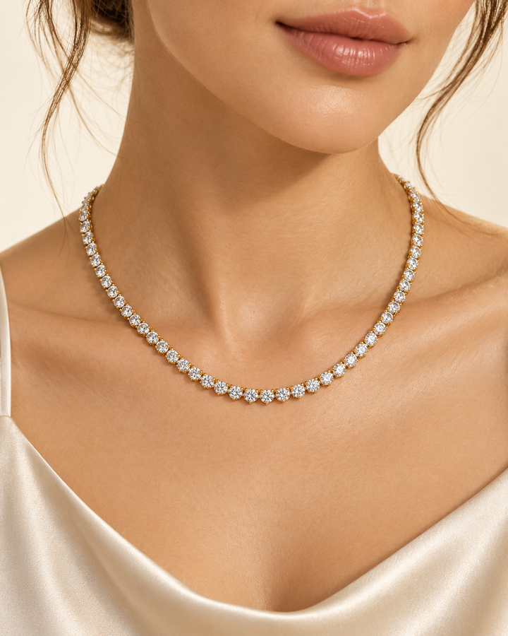 8.08ct Lab-Grown Diamond Three-Prong Tennis Necklace in 9ct Yellow Gold worn on model #metal_9ct-yellow-gold