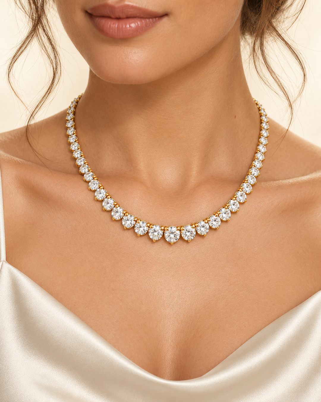 9.55ct Lab-Grown Diamond Graduated Three-Prong Tennis Necklace in 9ct Yellow Gold worn on model #metal_9ct-yellow-gold