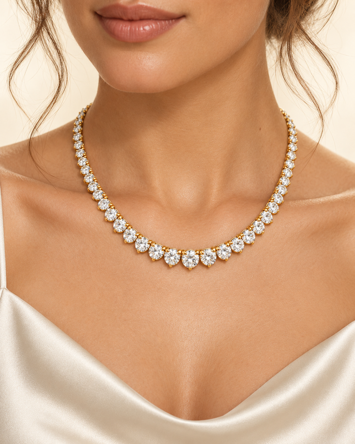 9.55ct Lab-Grown Diamond Graduated Three-Prong Tennis Necklace in 9ct Yellow Gold worn on model #metal_9ct-yellow-gold