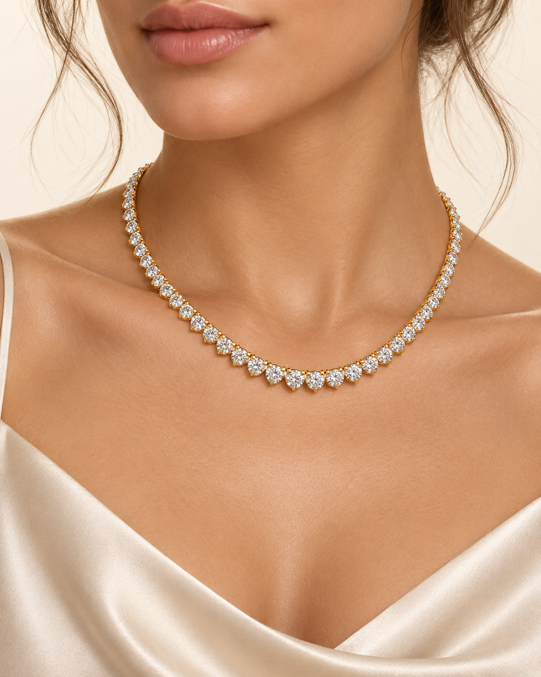9.75ct Lab-Grown Diamond Three-Prong Tennis Necklace in 9ct Yellow Gold worn on model #metal_9ct-yellow-gold