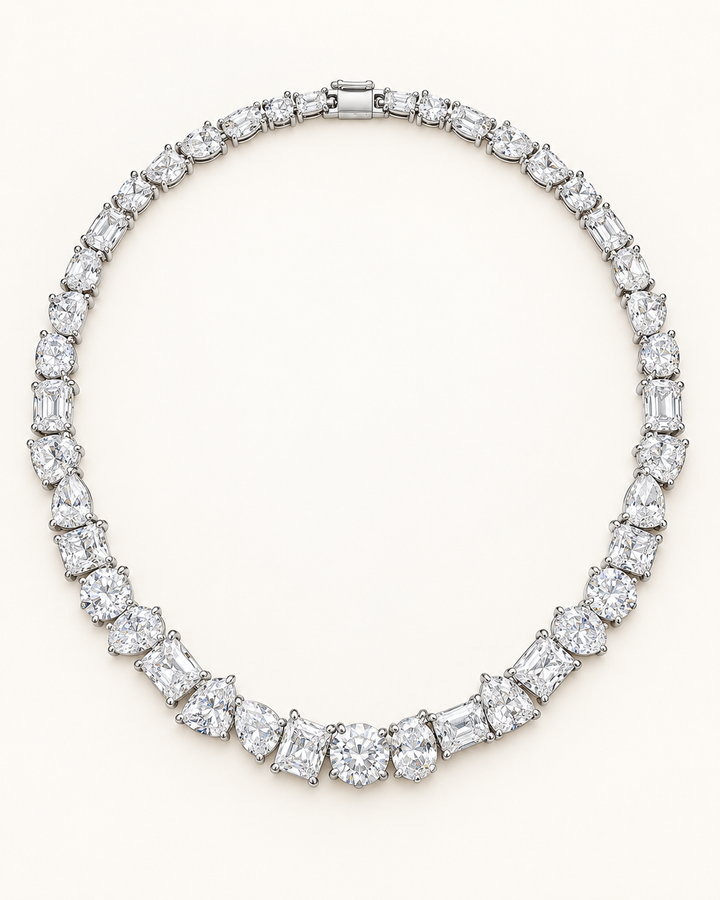 41.77ct Lab-Grown Diamond Multi-Shape Tennis Necklace in 9ct White Gold on cream background #metal_9ct-white-gold