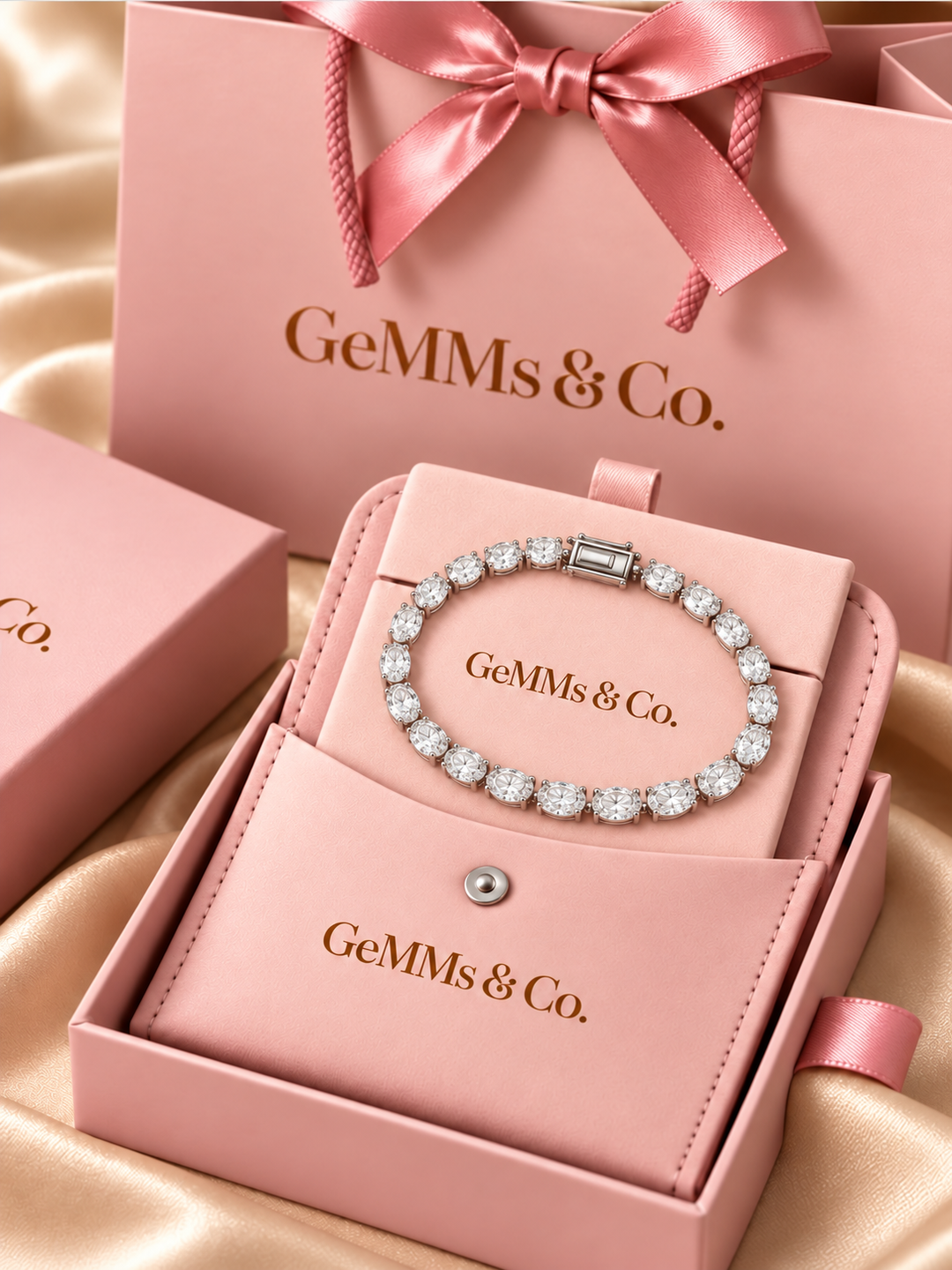 Oval Cut Lab-Grown Diamond Tennis Bracelet in GeMMs & Co. blush pink luxury packaging