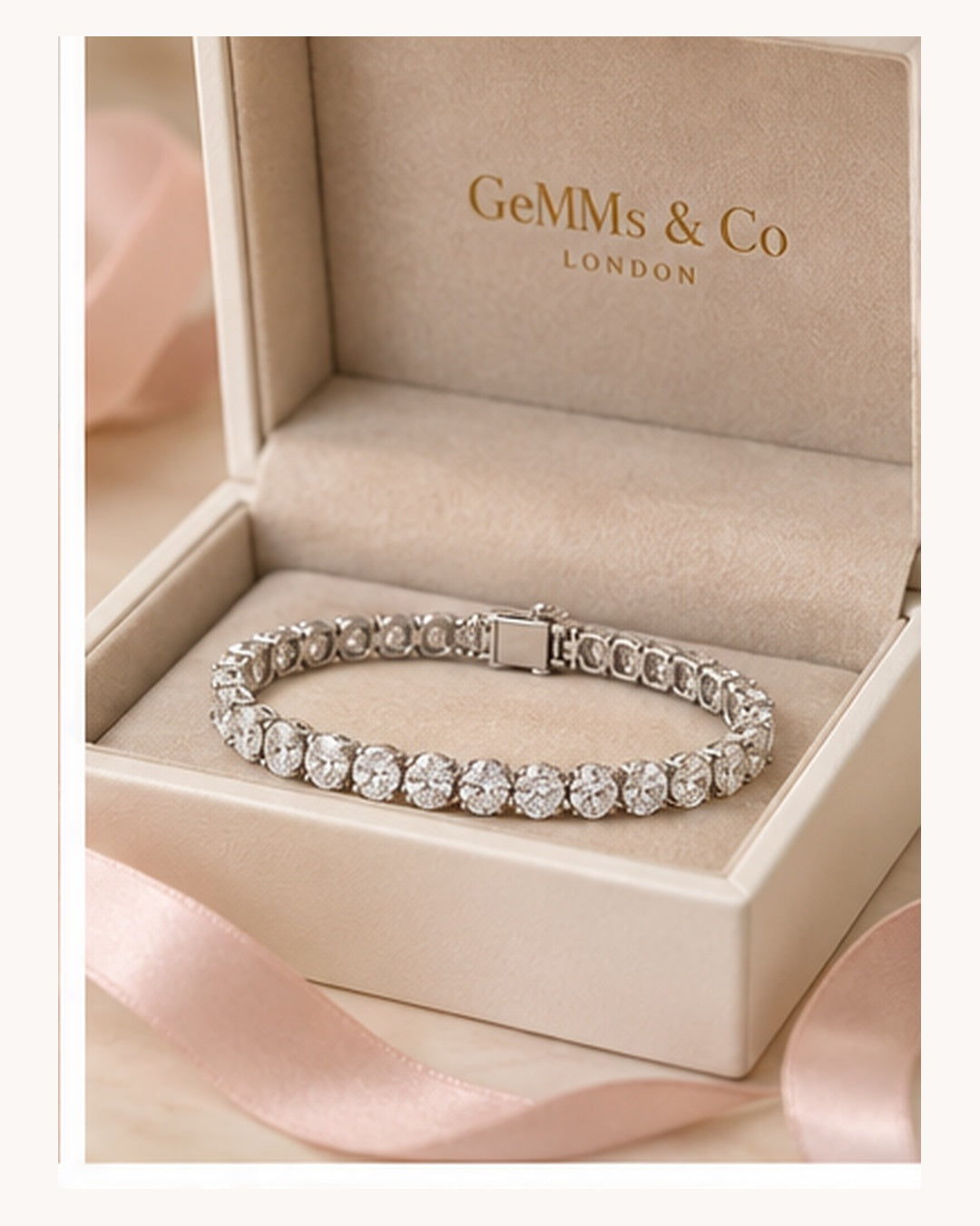 Oval cut lab-grown diamond tennis bracelet in luxury packaging