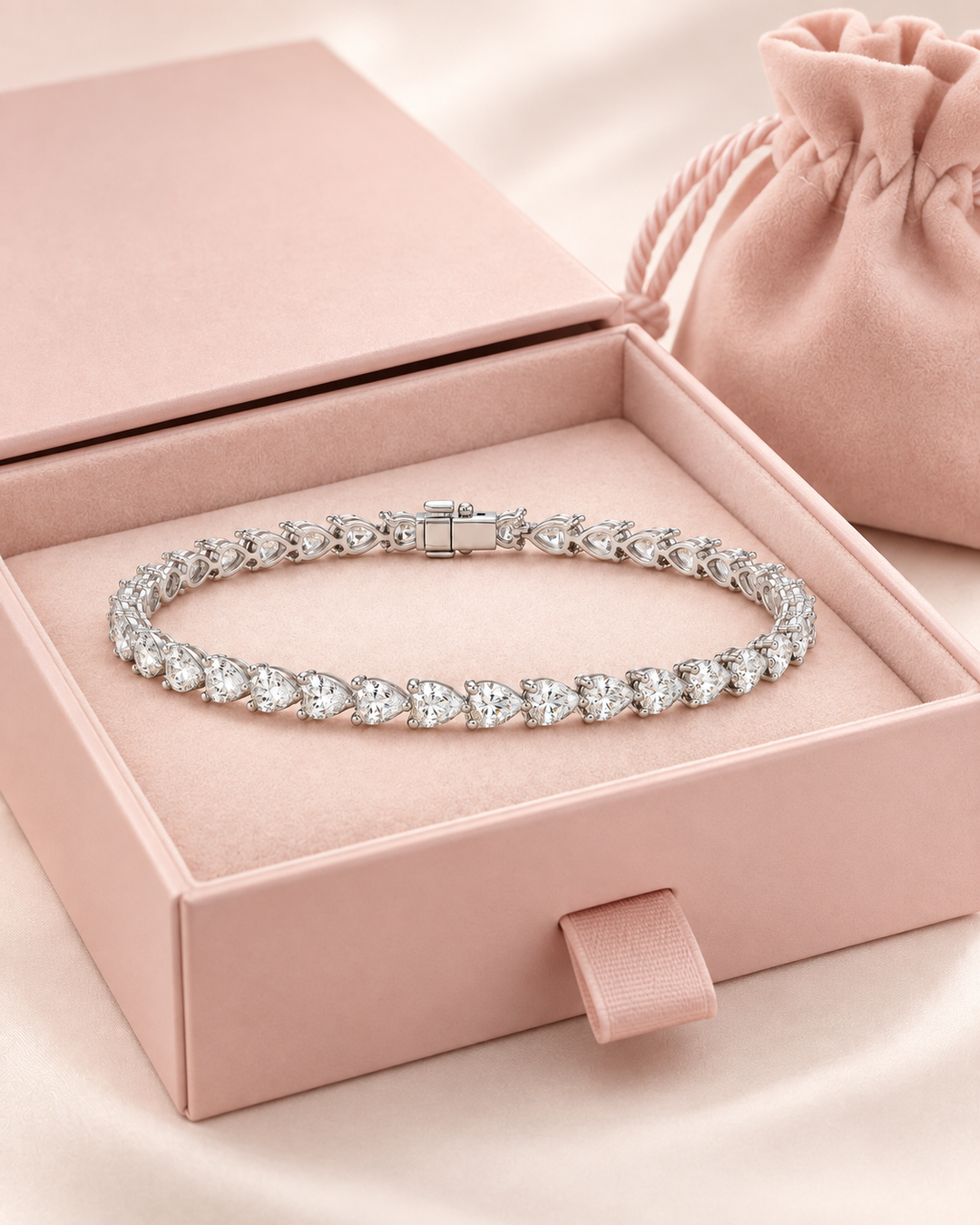 Pear shape lab-grown diamond tennis bracelet in GeMMs luxury packaging