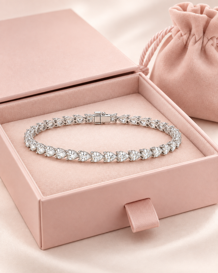 Pear shape lab-grown diamond tennis bracelet in GeMMs luxury packaging