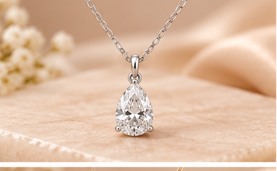 Pear-cut solitaire pendant necklace styled image #metal_9ct-white-gold