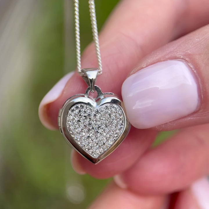 Sparkle Crystal Heart Locket Pendant Necklace in Silver