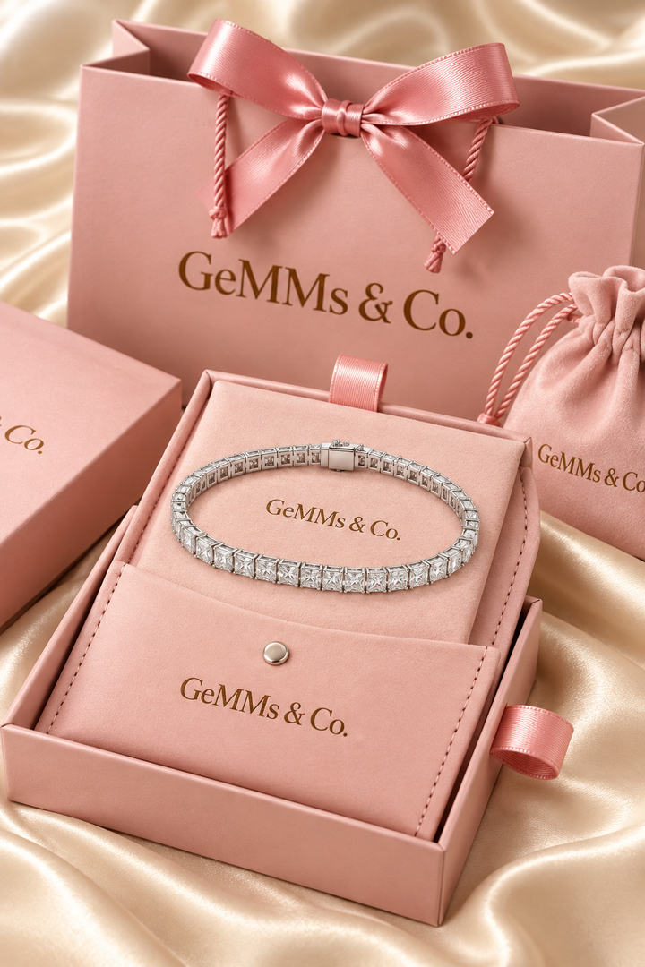 Princess Cut Lab-Grown Diamond Tennis Bracelet in GeMMs & Co. blush pink luxury packaging with square princess-cut diamonds