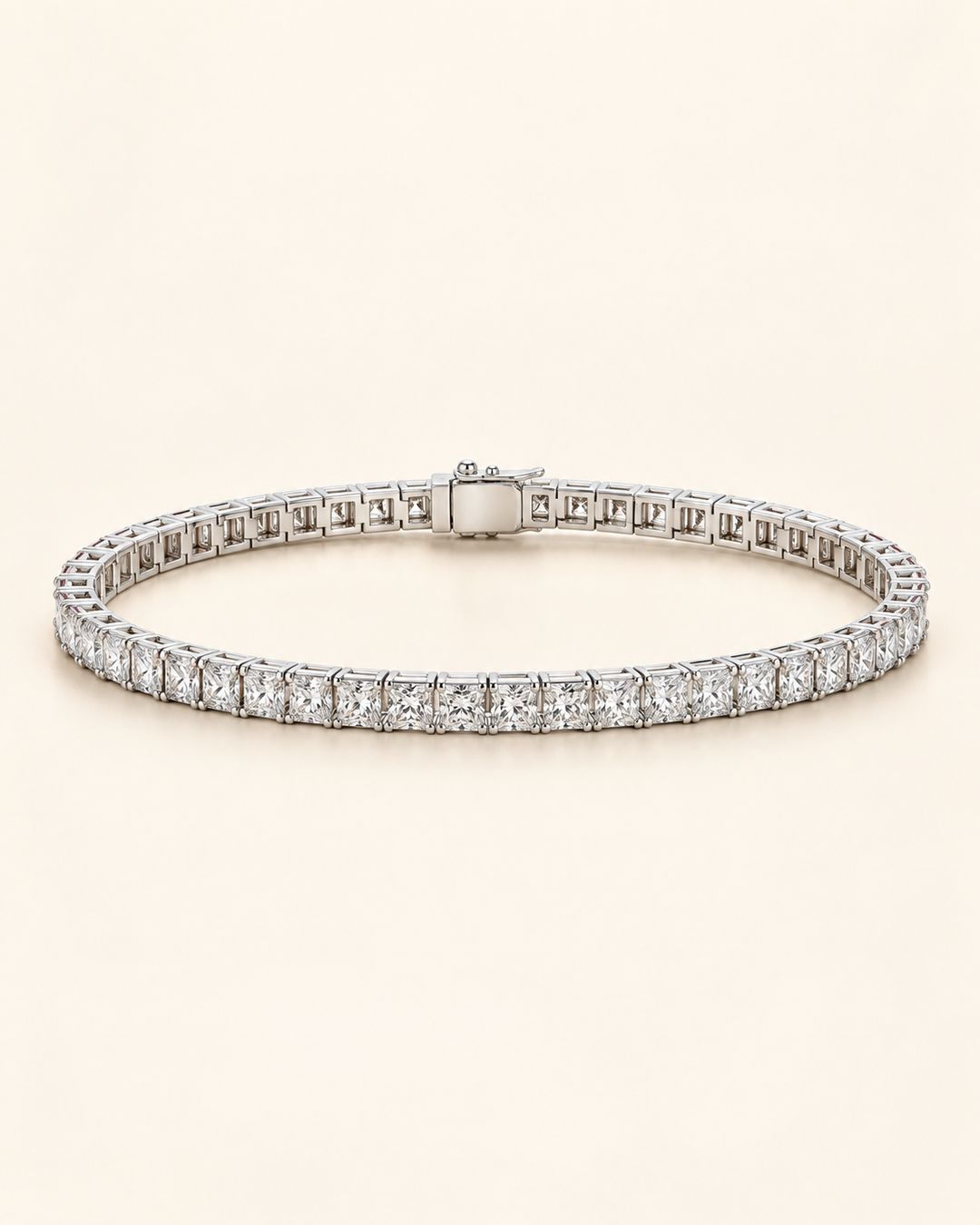 Princess cut lab-grown diamond tennis bracelet on cream background