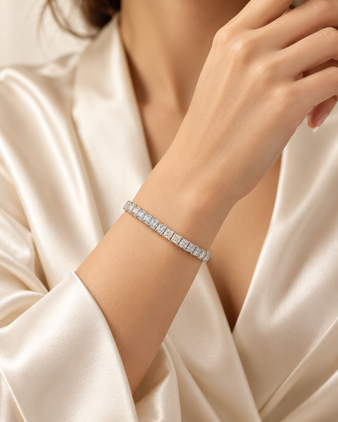 Princess cut lab-grown diamond tennis bracelet worn on wrist