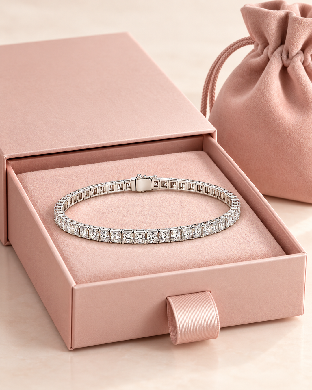 Princess cut lab-grown diamond tennis bracelet in GeMMs luxury packaging