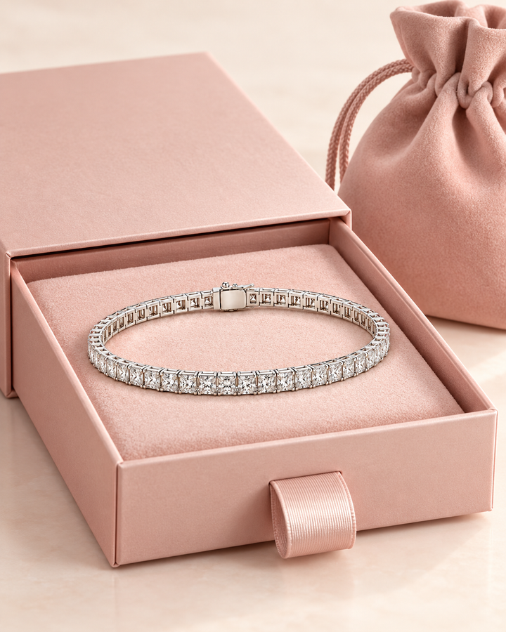 Princess cut lab-grown diamond tennis bracelet in GeMMs luxury packaging