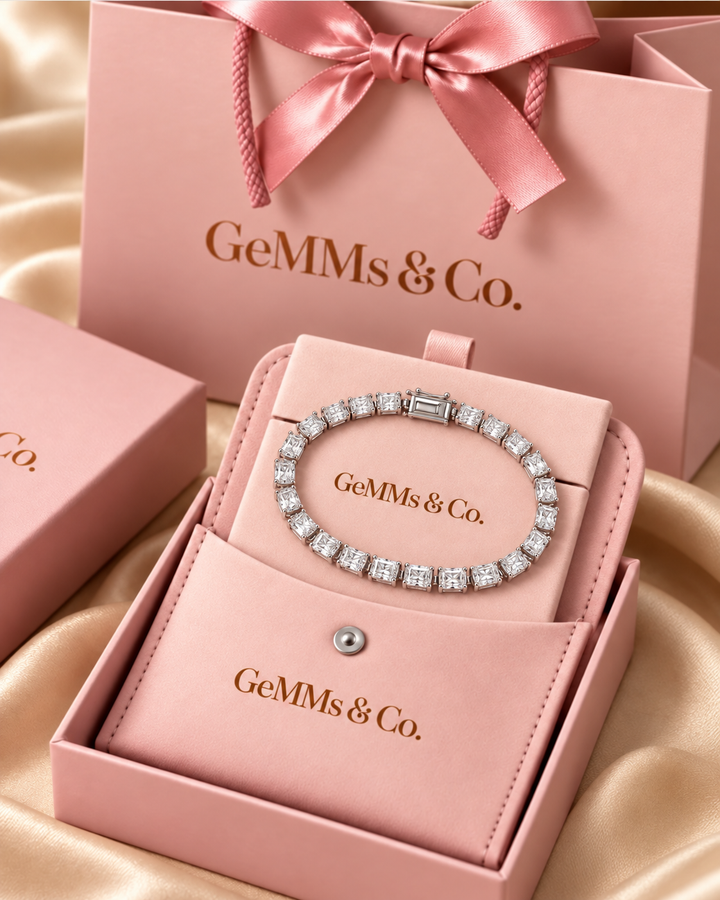 Radiant Cut Lab-Grown Diamond Tennis Bracelet in original GeMMs & Co. blush pink luxury packaging