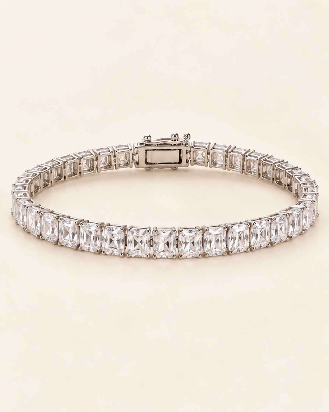 Radiant Cut Lab-Grown Diamond Tennis Bracelet on full cream background