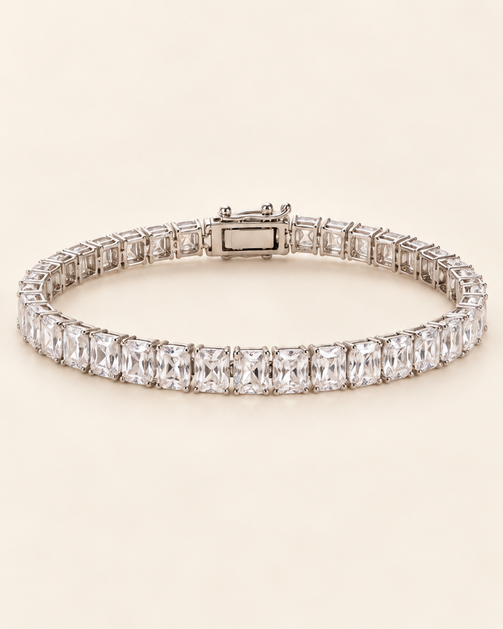 Radiant Cut Lab-Grown Diamond Tennis Bracelet on full cream background