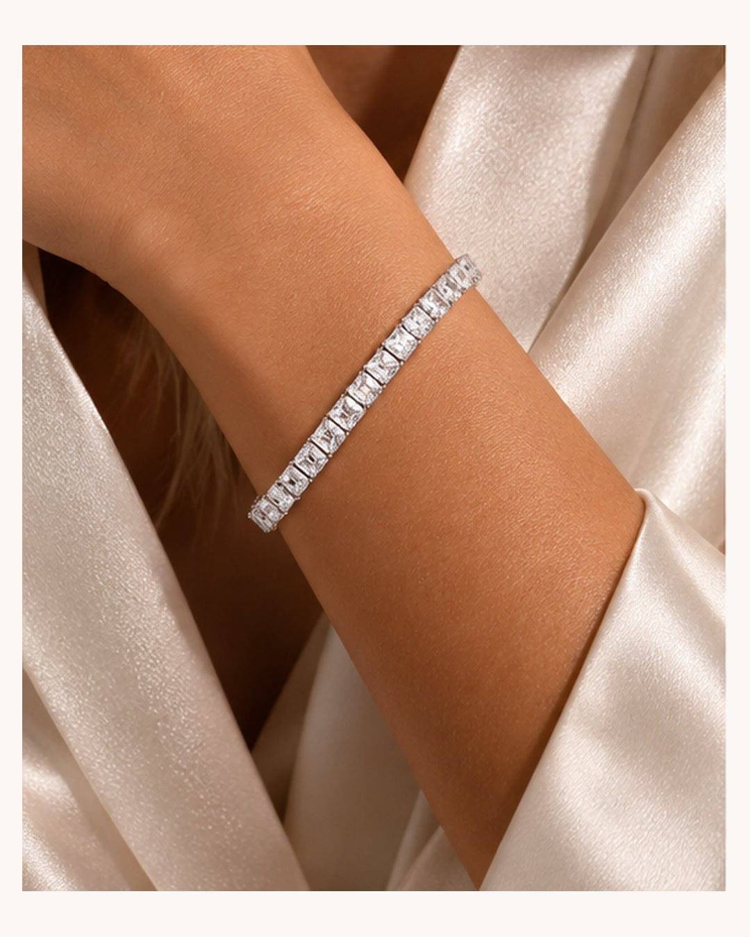 Radiant cut lab-grown diamond tennis bracelet worn on wrist