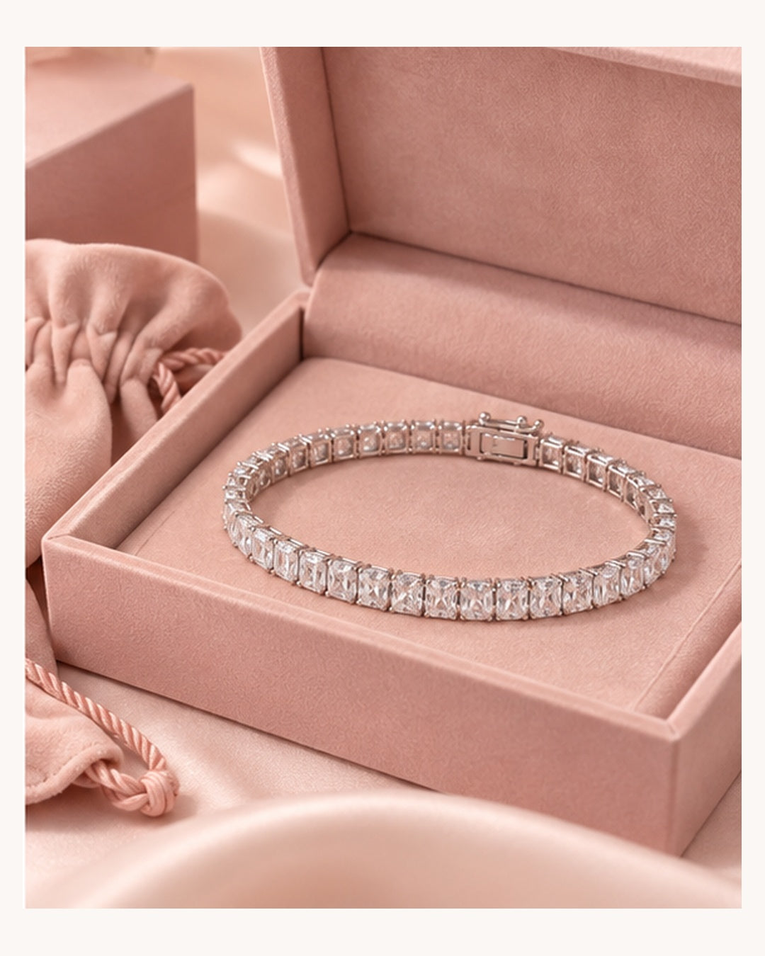Radiant cut lab-grown diamond tennis bracelet in luxury packaging