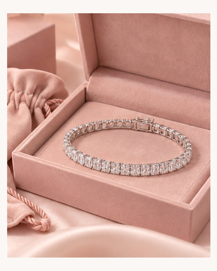 Radiant cut lab-grown diamond tennis bracelet in luxury packaging