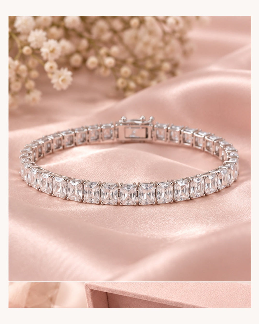 Radiant cut lab-grown diamond tennis bracelet styled on blush satin